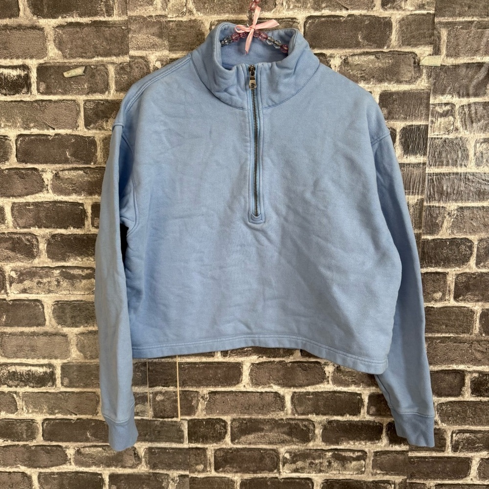 Girlfriend Collective 1/2 zip cropped pullover sweater blue